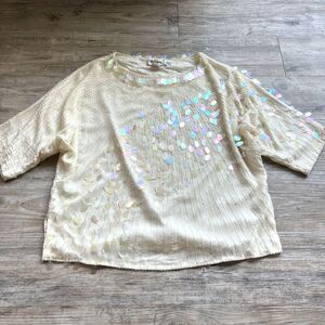 Oleg Cassini Beaded Sequin Top Blouse Vintage Medium 80's Glam 100% Silk White